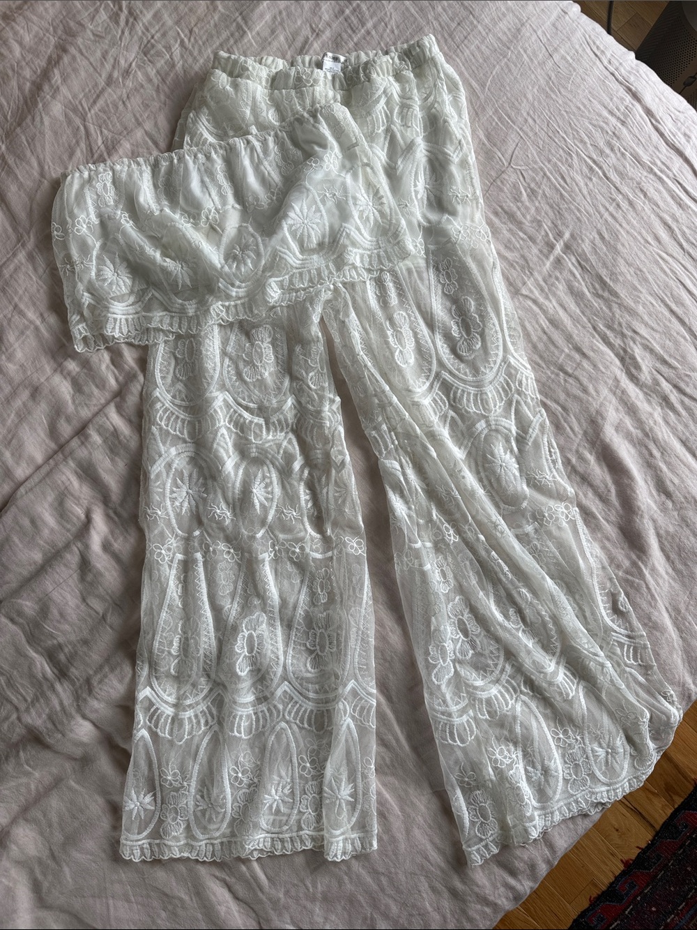 White Lace Wide-Leg Pants w/ strapless crop top